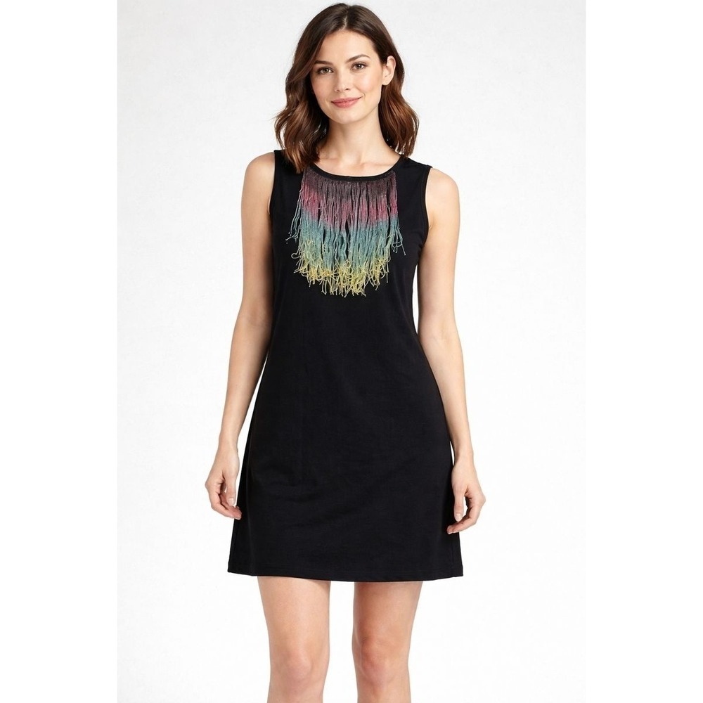 Holy G Dress‎ Womens Size 38 Medium Black Fringe Neck Boho Indie Festival